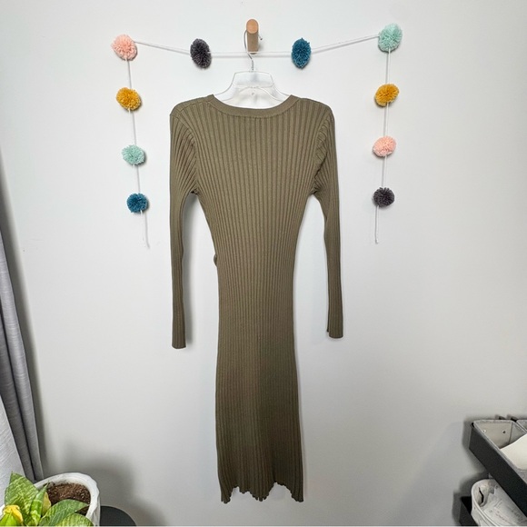 Quince Cotton Cashmere Ribbed Long Sleeve Crew Midi Dress in Olive - Picture 9 of 9